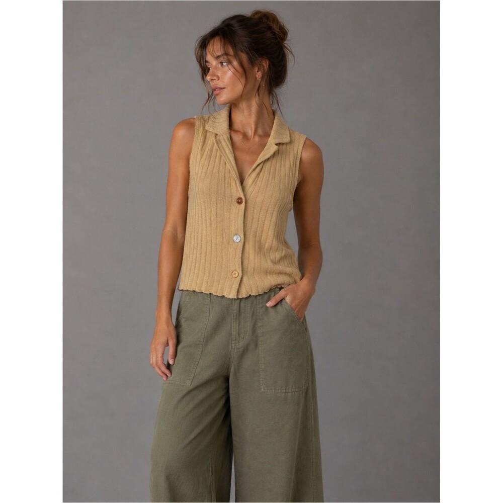 Madewell Ribbed Sweater Vest Tan Sleeveless Collared Button Front Large L